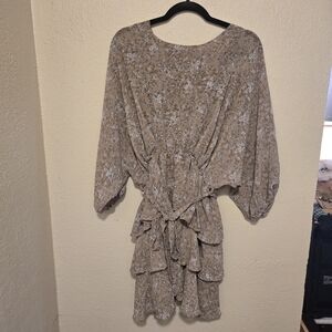 She + Sky Floral Long Sleeve Dress in Tan